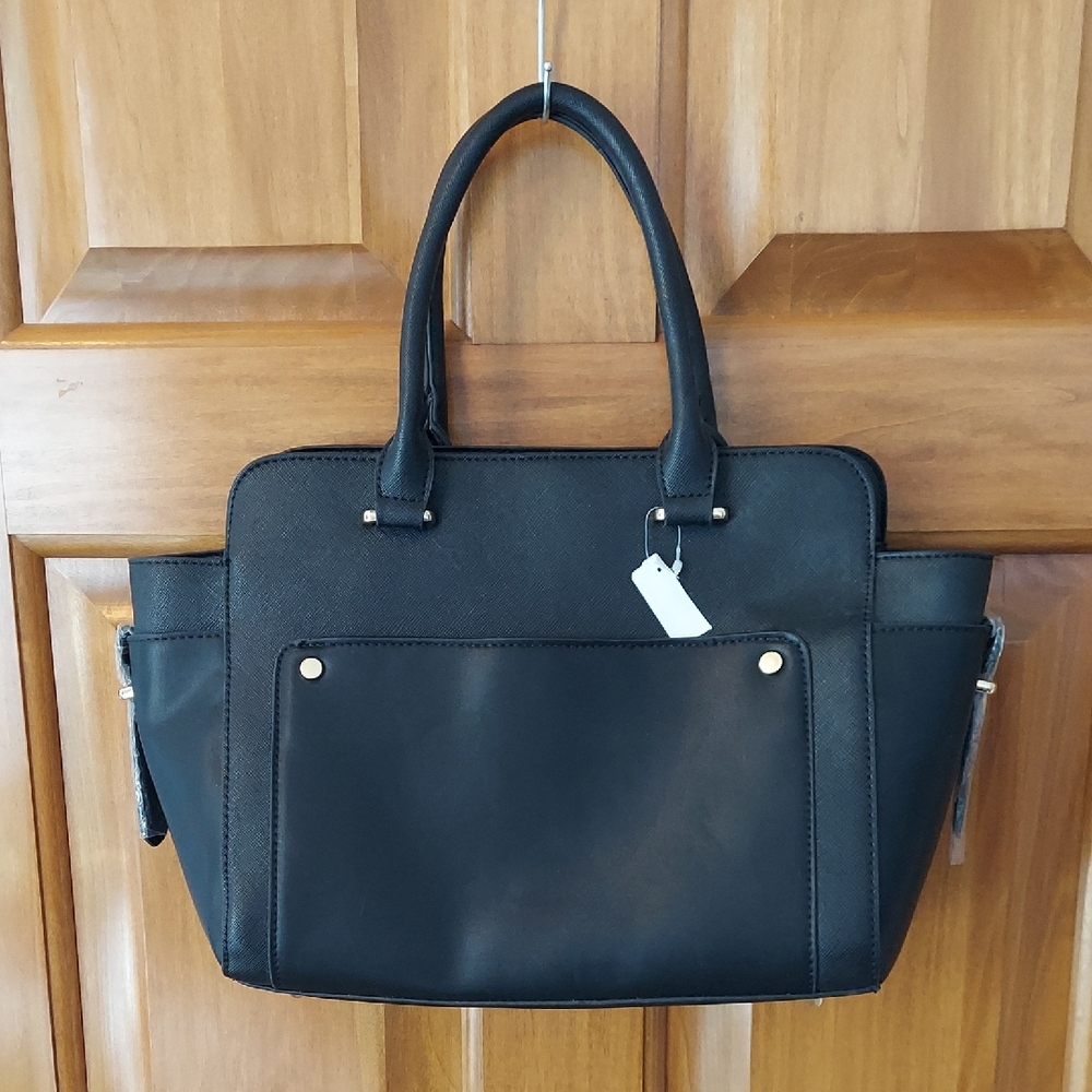 *🆕 Madison West Bold Black Hand Bag or Adjustable Shoulder Bag Gold Accents NEW
